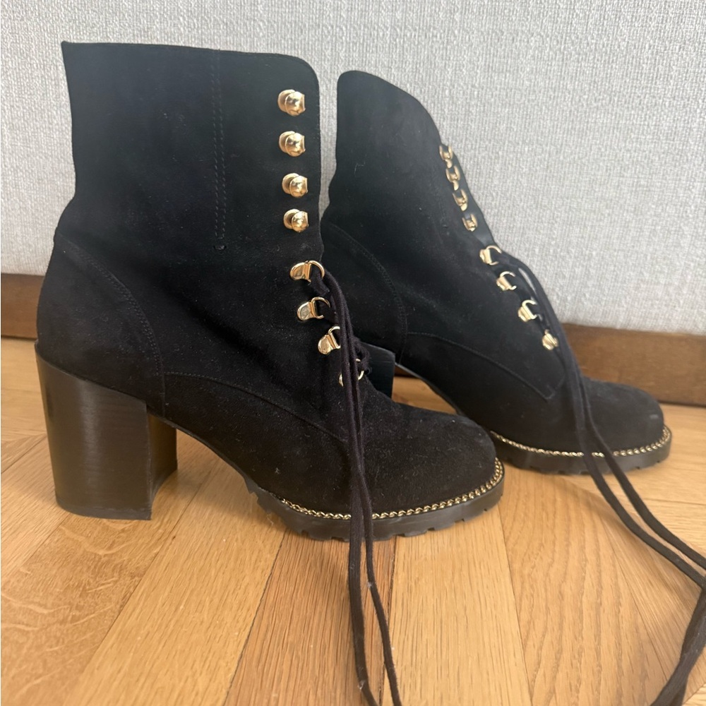 Stuart Weitzman Black Lace-Up Boots with Gold Buttons